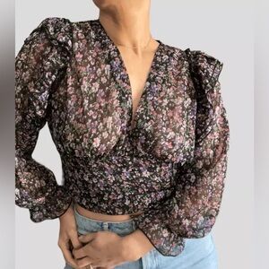 Zara, size small, Cropped Blouse Floral Long Sleeve Ruffle V Neck sheer